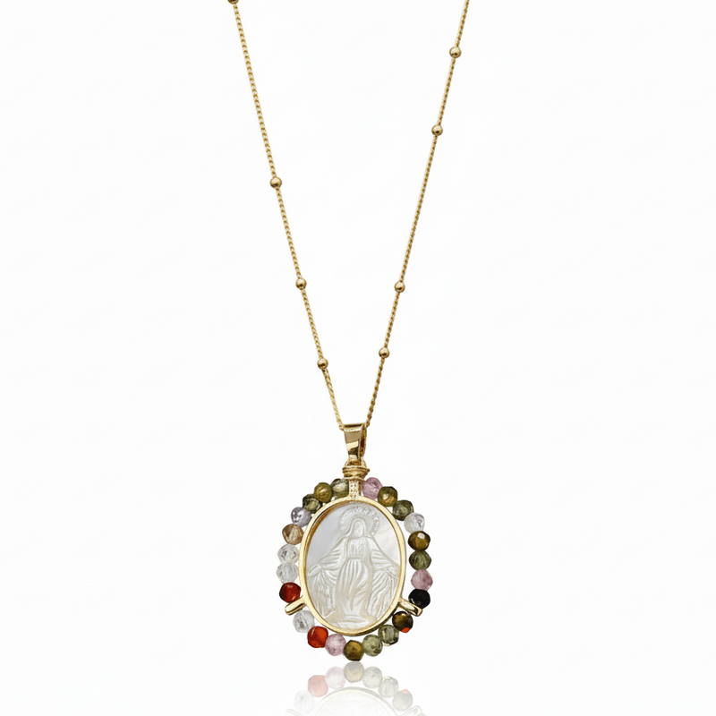 Gold - Plated Our Lady of Grace Mother of Pearl & Multicolor Zircon Necklace 18 - inch - Guadalupe Gifts