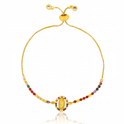 Gold - Plated Our Lady of Guadalupe Colorful Zirconia Adjustable Bracelet 7.5 - inch - Guadalupe Gifts