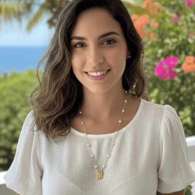 Gold - Plated Pearl Scapular Charm Necklace & Bracelet (jewelry set) - Guadalupe Gifts