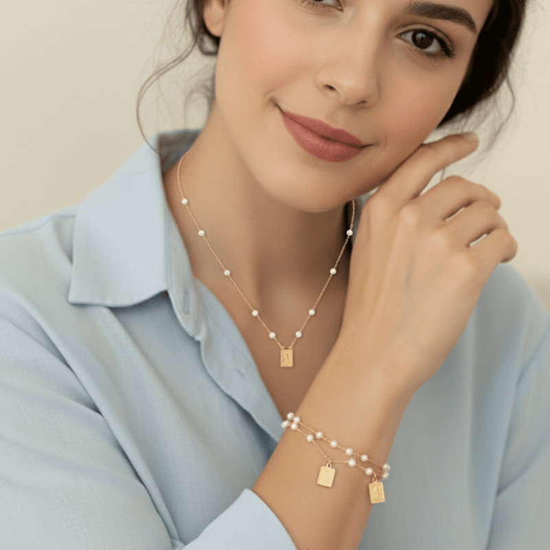 Gold - Plated Pearl Scapular Charm Necklace & Bracelet (jewelry set) - Guadalupe Gifts