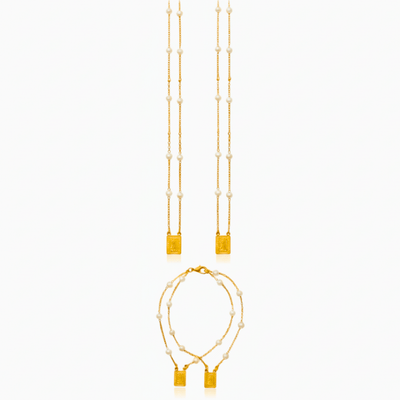Gold - Plated Pearl Scapular Charm Necklace & Bracelet (jewelry set) - Guadalupe Gifts