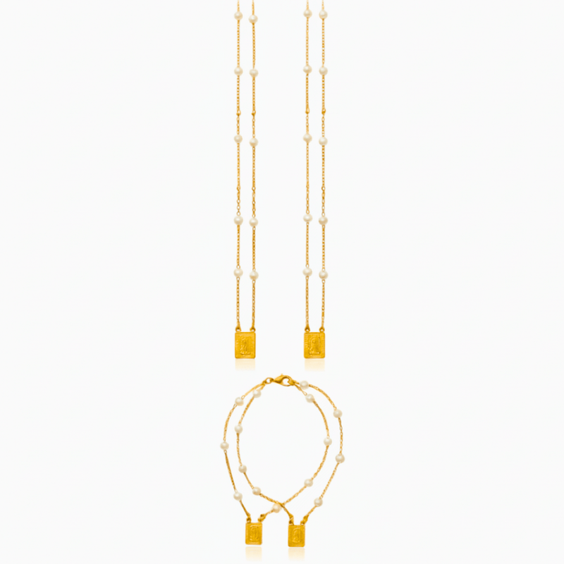 Gold - Plated Pearl Scapular Charm Necklace & Bracelet (jewelry set) - Guadalupe Gifts
