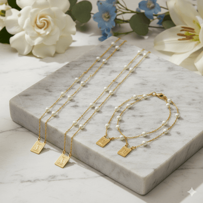 Gold - Plated Pearl Scapular Charm Necklace & Bracelet (jewelry set) - Guadalupe Gifts