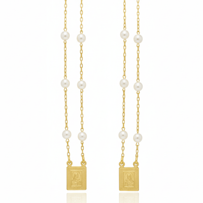 Gold - Plated Pearl Scapular Charm Necklace & Bracelet (jewelry set) - Guadalupe Gifts