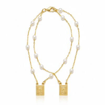 Gold - Plated Pearl Scapular Charm Necklace & Bracelet (jewelry set) - Guadalupe Gifts