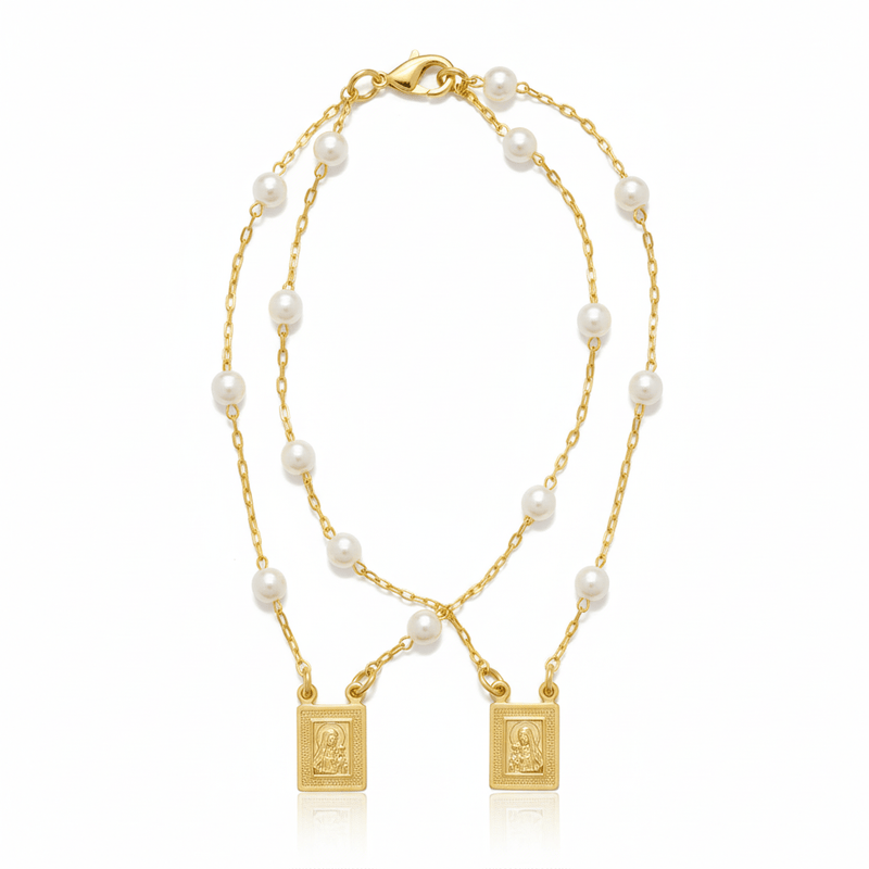 Gold - Plated Pearl Scapular Charm Necklace & Bracelet (jewelry set) - Guadalupe Gifts