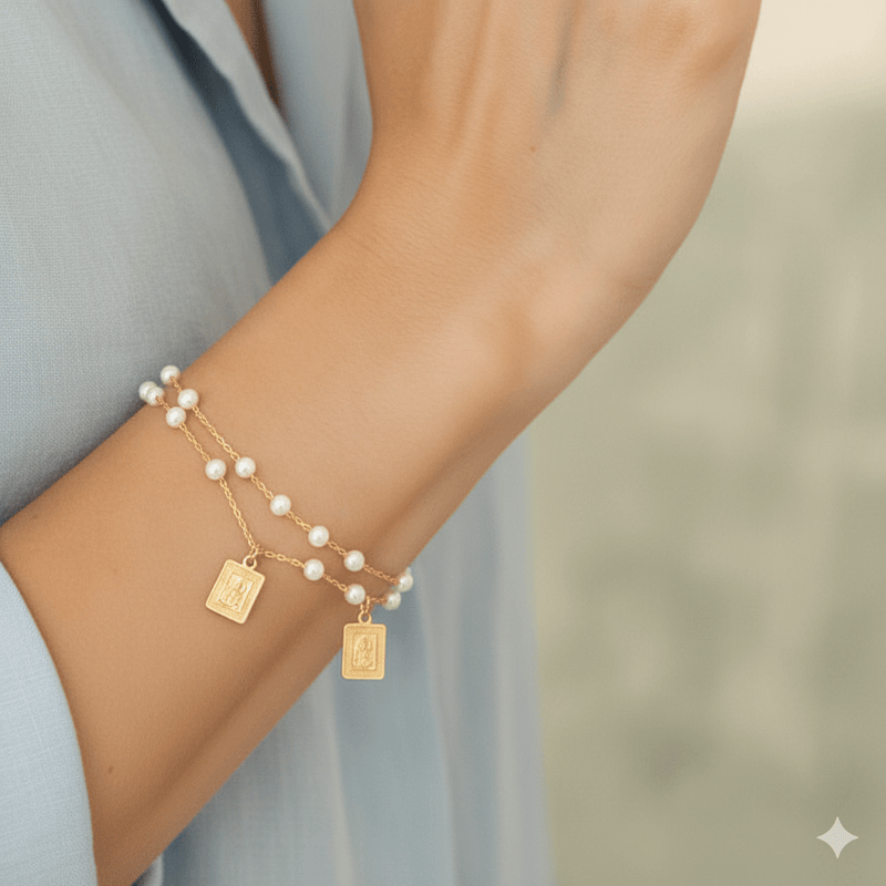 Gold - Plated Pearl Scapular Double Bracelet 7 - inch - Guadalupe Gifts