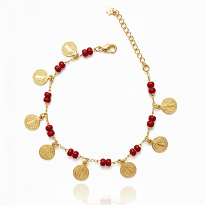 Gold - Plated Red Bead Coin St Benedict Bracelet 8" - Guadalupe Gifts
