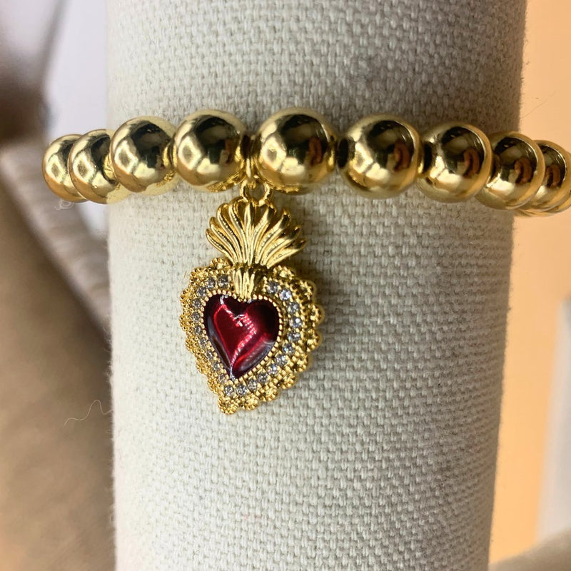 Gold-Plated Red Enamel Heart Charm Beaded Elastic Bracelet 7-inch - Guadalupe Gifts