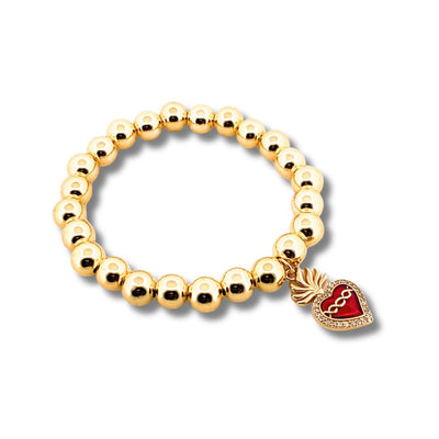 Gold - Plated Red Enamel Heart Charm Beaded Elastic Bracelet 7 - inch - Guadalupe Gifts