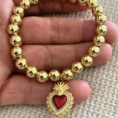 Gold-Plated Red Enamel Heart Charm Beaded Elastic Bracelet 7-inch - Guadalupe Gifts