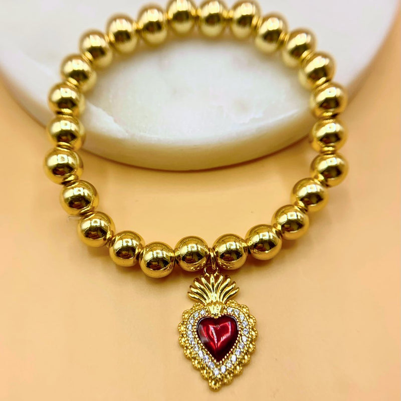 Gold-Plated Red Enamel Heart Charm Beaded Elastic Bracelet 7-inch - Guadalupe Gifts