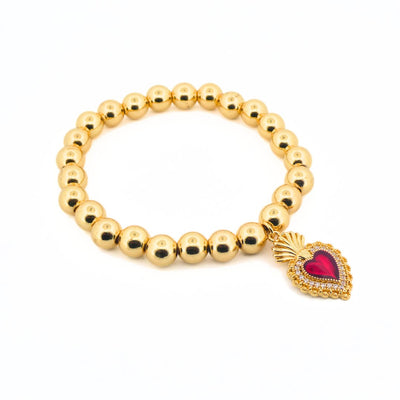 Gold-Plated Red Enamel Heart Charm Beaded Elastic Bracelet 7-inch - Guadalupe Gifts