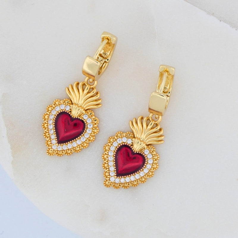 Gold-Plated Red Enamel Heart Earrings with White Zirconia - Guadalupe Gifts