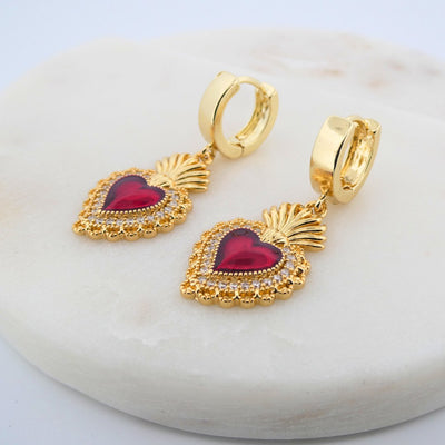 Gold-Plated Red Enamel Heart Earrings with White Zirconia - Guadalupe Gifts