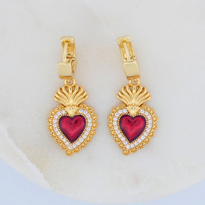 Gold-Plated Red Enamel Heart Earrings with White Zirconia - Guadalupe Gifts
