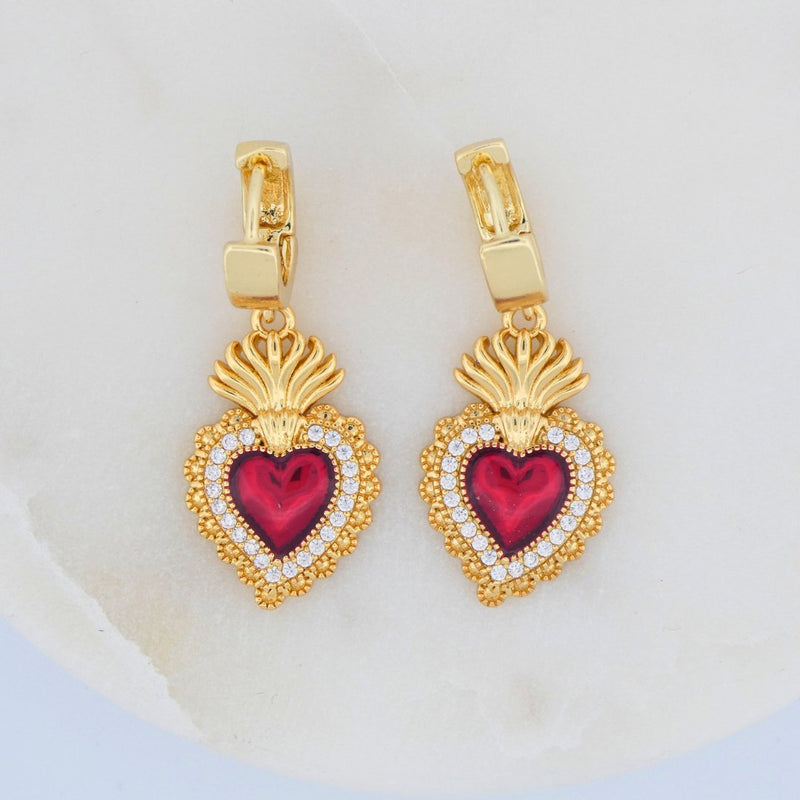 Gold-Plated Red Enamel Heart Earrings with White Zirconia - Guadalupe Gifts