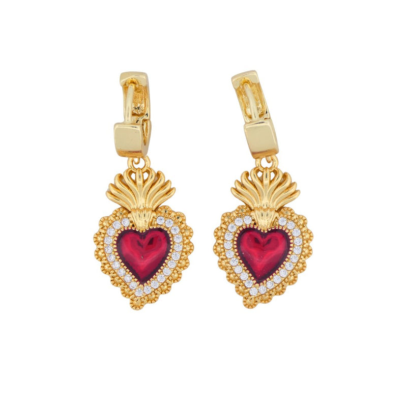 Gold-Plated Red Enamel Heart Earrings with White Zirconia - Guadalupe Gifts