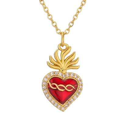 Gold-Plated Red Enamel Heart Necklace with White Zirconia 18" - Guadalupe Gifts