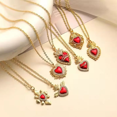 Gold-Plated Red Enamel Heart Necklace with White Zirconia 18" - Guadalupe Gifts