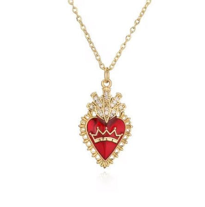 Gold - Plated Red Enamel Heart Necklace with White Zirconia 18" - Guadalupe Gifts