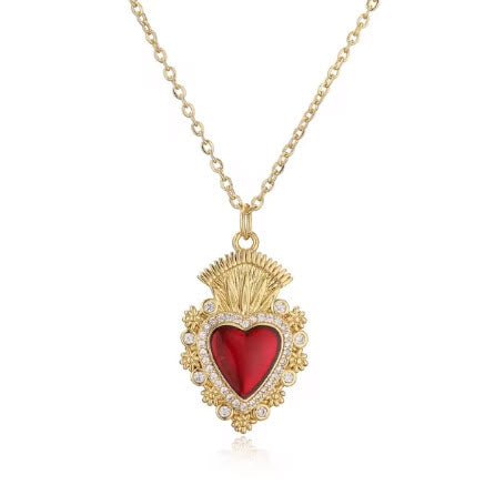 Gold - Plated Red Enamel Heart Necklace with White Zirconia 18" - Guadalupe Gifts