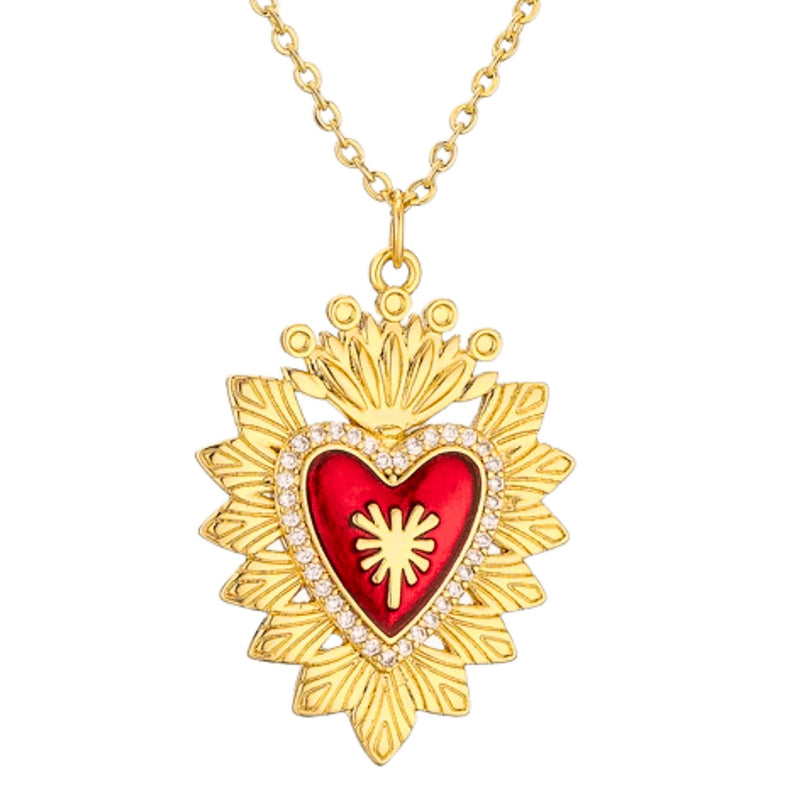 Gold-Plated Red Enamel Heart Necklace with White Zirconia 18" - Guadalupe Gifts