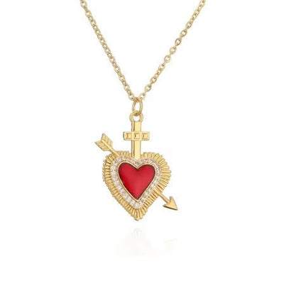 Gold - Plated Red Enamel Heart Necklace with White Zirconia 18" - Guadalupe Gifts