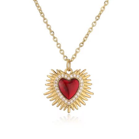 Gold - Plated Red Enamel Heart Necklace with White Zirconia 18" - Guadalupe Gifts