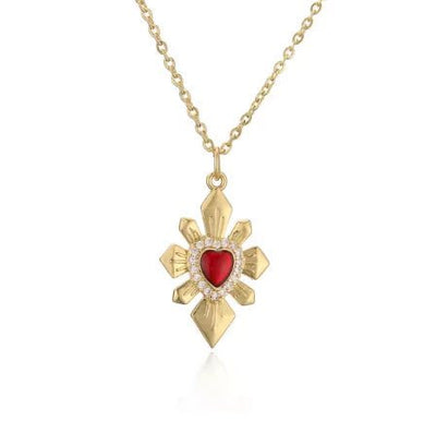 Gold - Plated Red Enamel Heart Necklace with White Zirconia 18" - Guadalupe Gifts