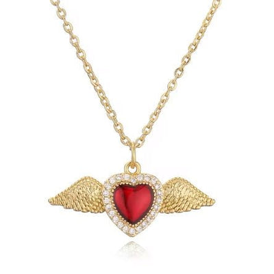 Gold - Plated Red Enamel Heart Necklace with White Zirconia 18" - Guadalupe Gifts