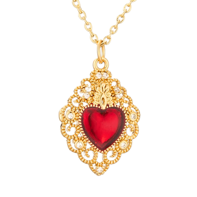Gold-Plated Red Enamel Heart Necklace with White Zirconia 18" - Guadalupe Gifts
