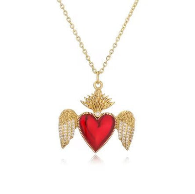 Gold - Plated Red Enamel Heart Necklace with White Zirconia 18" - Guadalupe Gifts