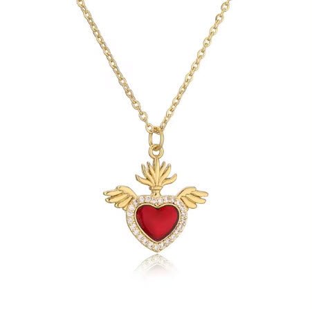 Gold - Plated Red Enamel Heart Necklace with White Zirconia 18" - Guadalupe Gifts