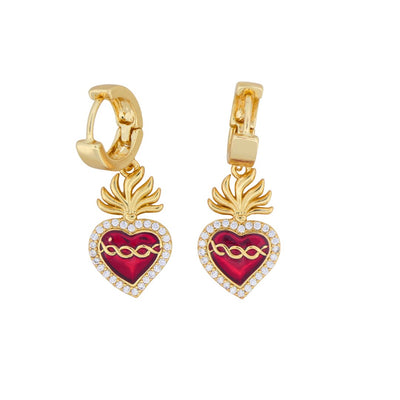 Gold-Plated Red Enamel Sacred Heart Earrings with White Zirconia - Guadalupe Gifts