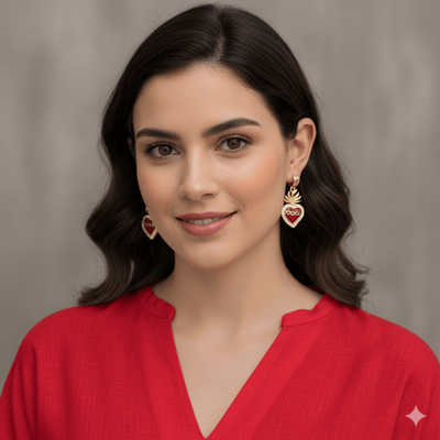 Gold - Plated Sacred Heart Earrings with White Zirconia | Red Heart Earrings - Guadalupe Gifts