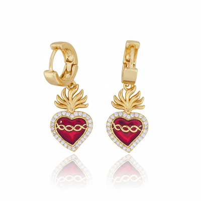 Gold - Plated Sacred Heart Earrings with White Zirconia | Red Heart Earrings - Guadalupe Gifts