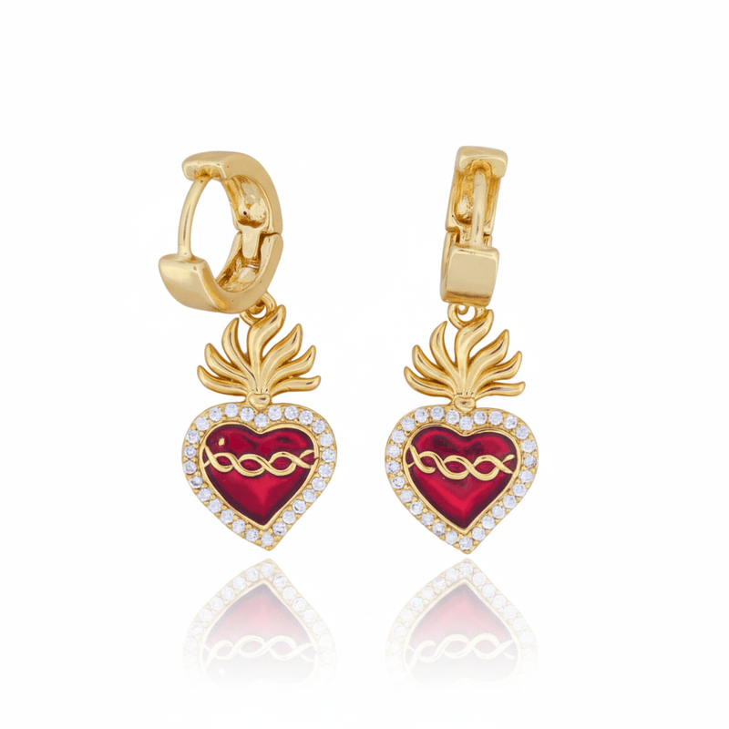 Gold - Plated Sacred Heart Earrings with White Zirconia | Red Heart Earrings - Guadalupe Gifts