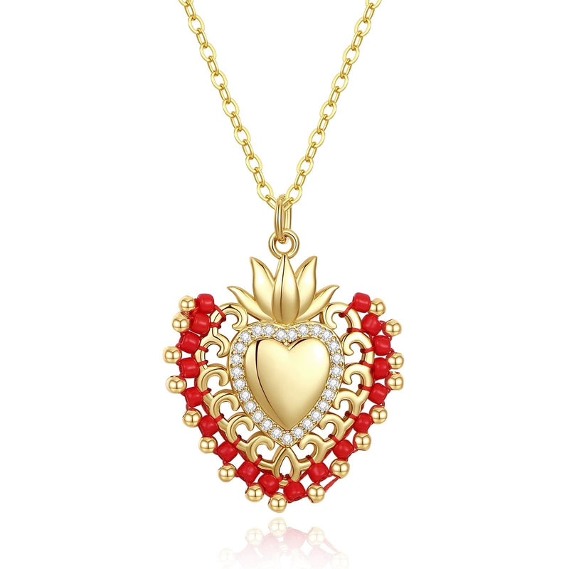 Gold Plated Sacred Heart of Jesus Necklace with Red Beads & Clear Crystals 18.5 - inch - Guadalupe Gifts