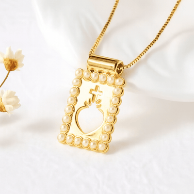 Gold - plated Sacred Heart of Jesus Pearl Pendant Necklace 16" - Guadalupe Gifts