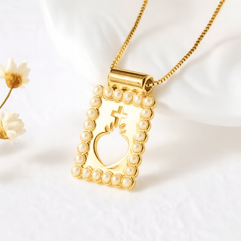 Gold - plated Sacred Heart of Jesus Pearl Pendant Necklace 16" - Guadalupe Gifts