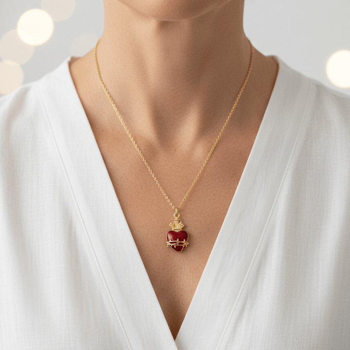 Sacred Heart Gold-Plated Red Enamel Necklace | 18” Chain