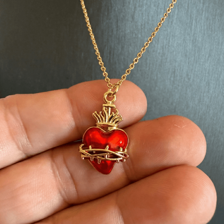 Sacred Heart Gold-Plated Red Enamel Necklace | 18” Chain