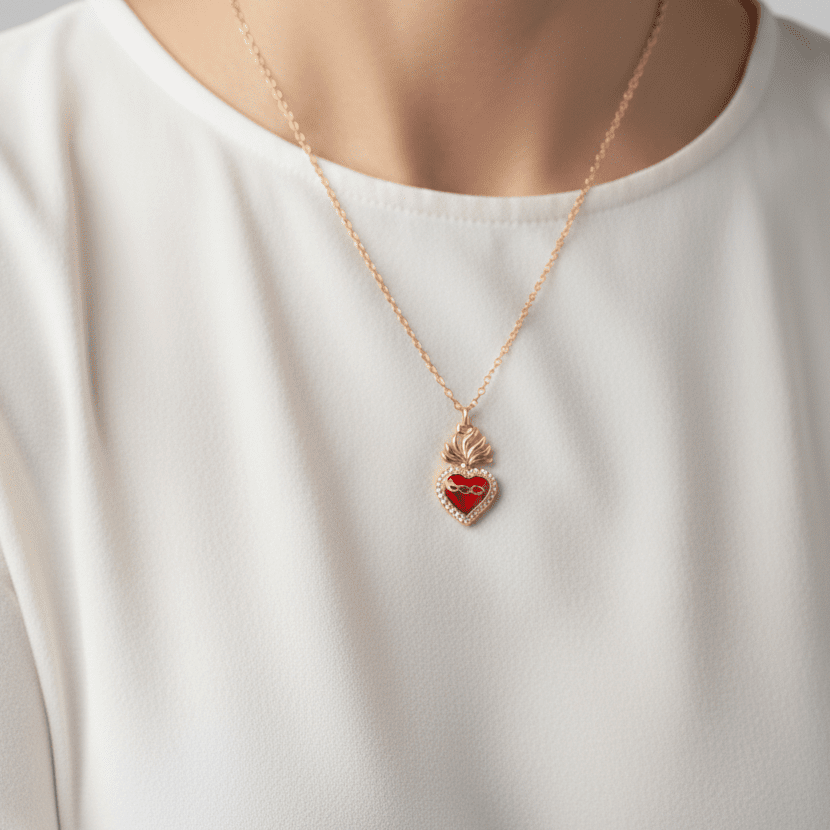 Necklace with Red Heart | Gold-Plated Sacred Heart Enamel Pendant