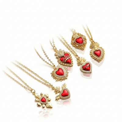 Gold - Plated Sacred Heart Red Heart Necklace with White Zirconia 18" - Guadalupe Gifts