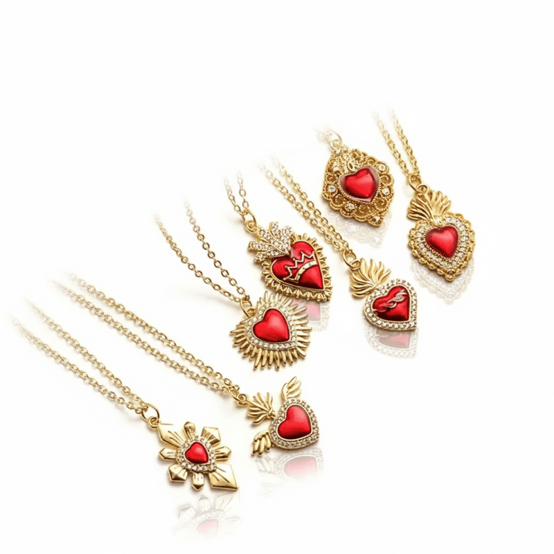 Gold - Plated Sacred Heart Red Heart Necklace with White Zirconia 18" - Guadalupe Gifts