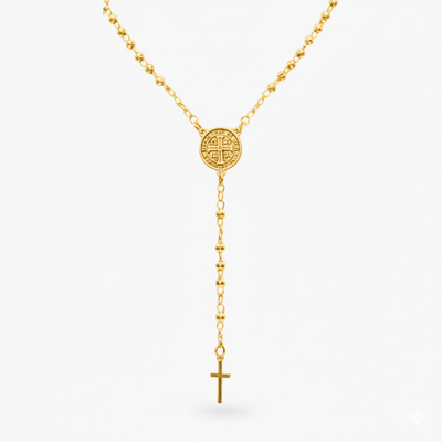 Gold - Plated Saint Benedict Medal Rosary Necklace 16 - inch - Guadalupe Gifts