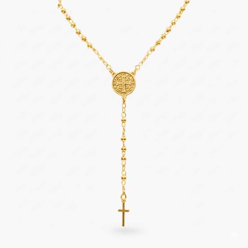 Gold - Plated Saint Benedict Medal Rosary Necklace 16 - inch - Guadalupe Gifts