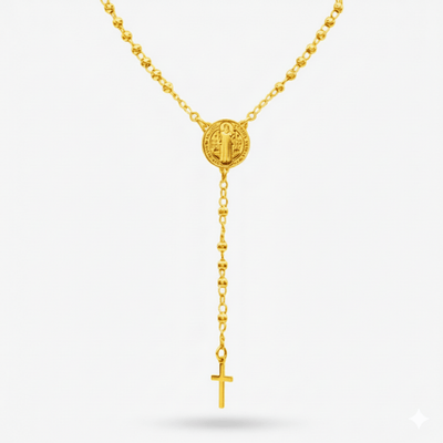 Gold - Plated Saint Benedict Medal Rosary Necklace 16 - inch - Guadalupe Gifts