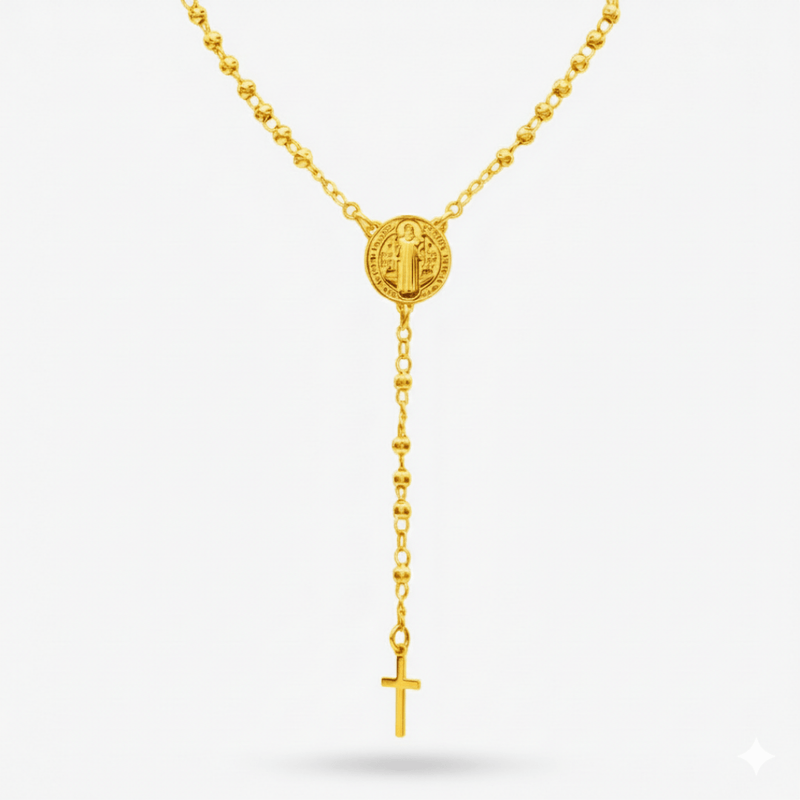 Gold - Plated Saint Benedict Medal Rosary Necklace 16 - inch - Guadalupe Gifts
